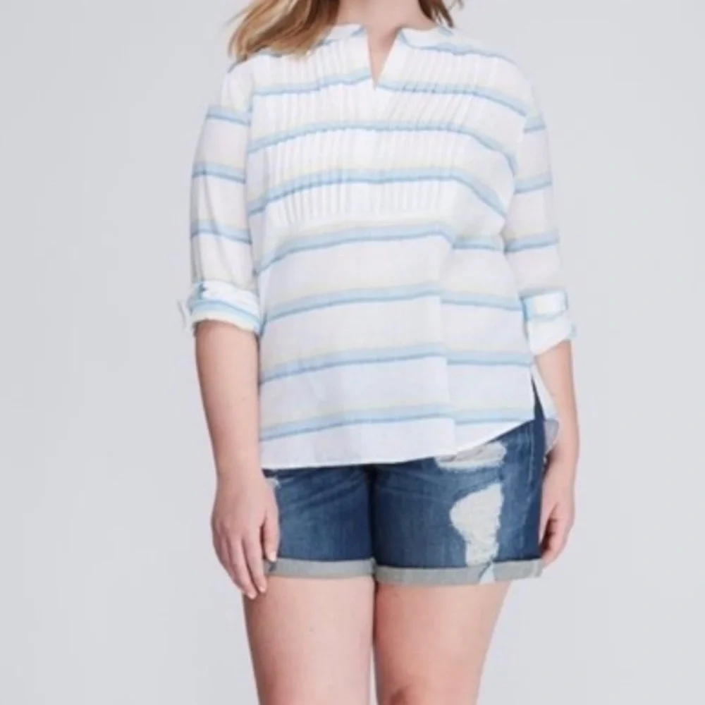 Lane Bryant Stripe Cotton Linen Pleated Top 14/16